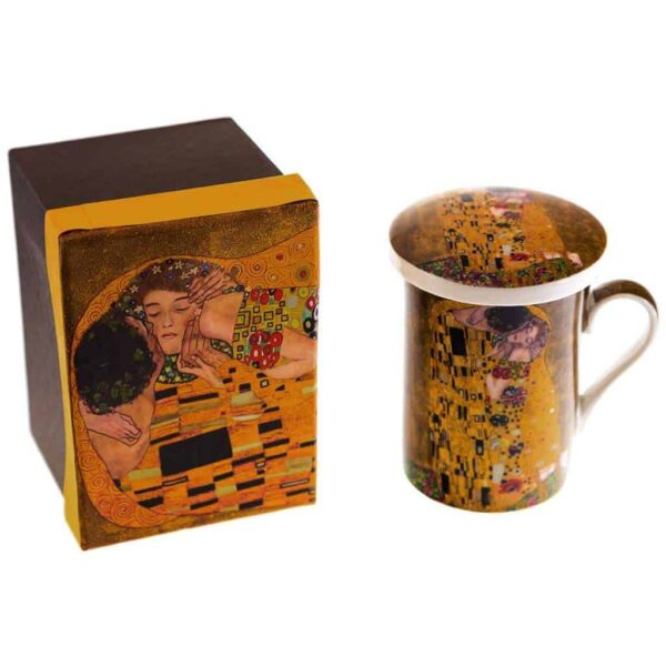 Подаръчна чаша с капаче за чай-класик от серията Целувката на златен фон